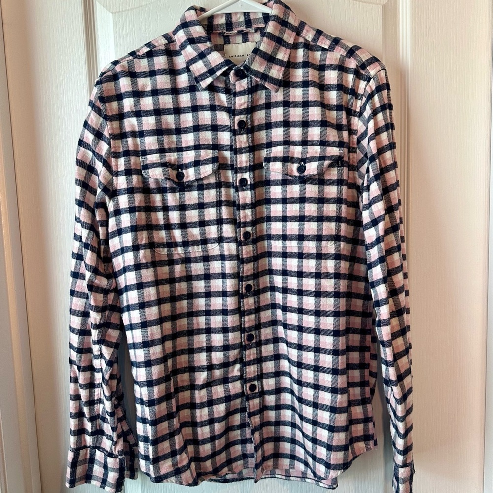 American Eagle Super Soft Flannel Shirt Men’s S Small Pink Navy White Plaid
